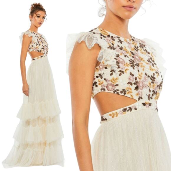 Mac Duggal 35106 Cream 6 Long Dress Gown Boho Ruffle Tulle Tiered Cut Out - Picture 1 of 15